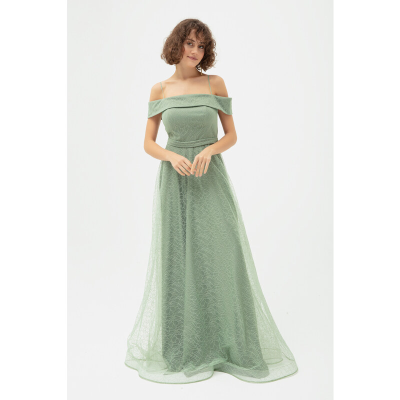 Lafaba Women's Mint Green Boat Neck Silvery Long Evening Dress