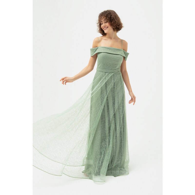 Lafaba Women's Mint Green Boat Neck Silvery Long Evening Dress