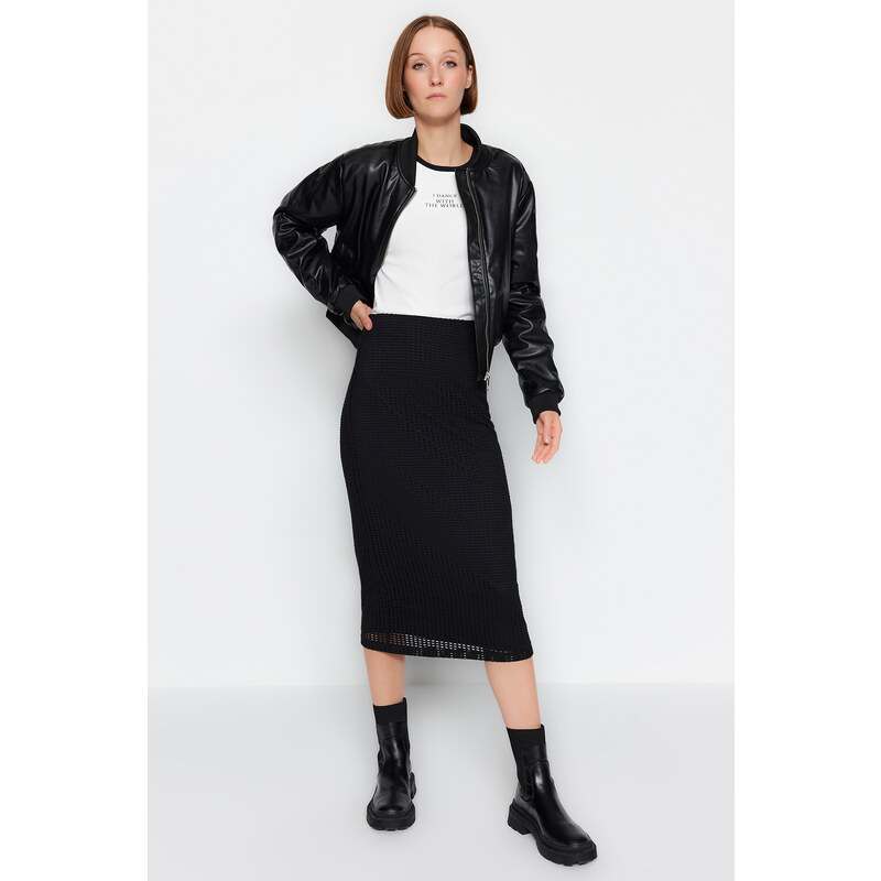 Trendyol Black Midi Lined Mesh Fabric High Waist Knitted Skirt