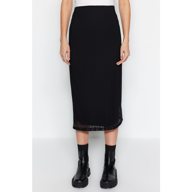 Trendyol Black Midi Lined Mesh Fabric High Waist Knitted Skirt