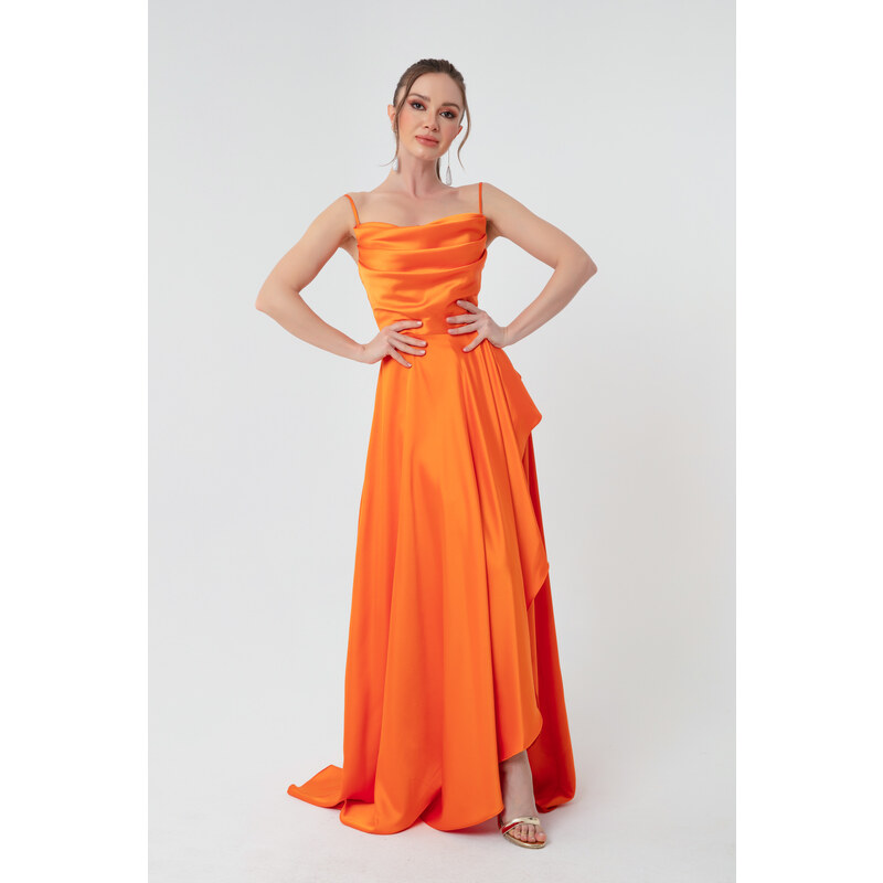 Lafaba Women's Orange Satin Evening &; Prom Dress with Ruffles and a Slit