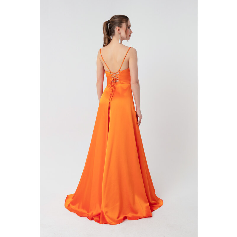 Lafaba Women's Orange Satin Evening &; Prom Dress with Ruffles and a Slit