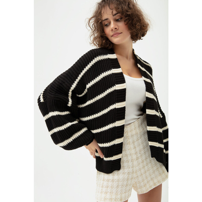 Lafaba Women's Black Oversize Striped Knitwear Cardigan