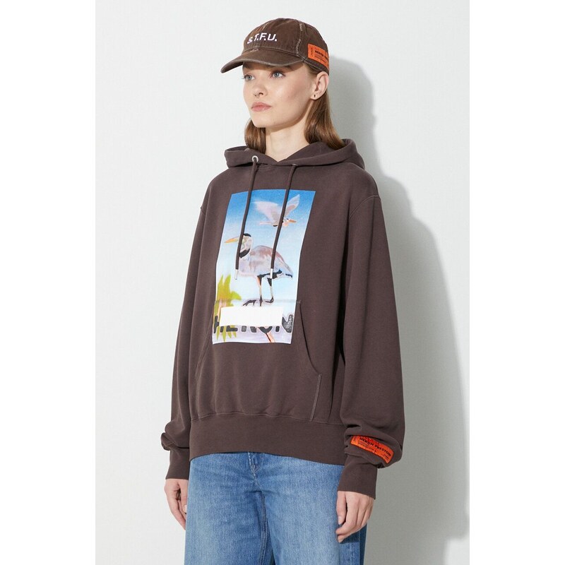 Bavlněná mikina Heron Preston Heron Censored Hoodie dámská, hnědá barva, s kapucí, potiskem, HWBB024F23JER0036037