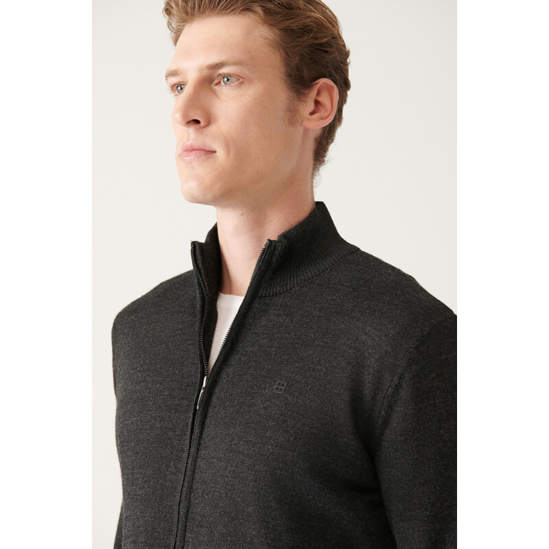 Avva Men's Anthracite Wool Blended Half Zipper High Neck Standard Fit Regular Cut Cardigan