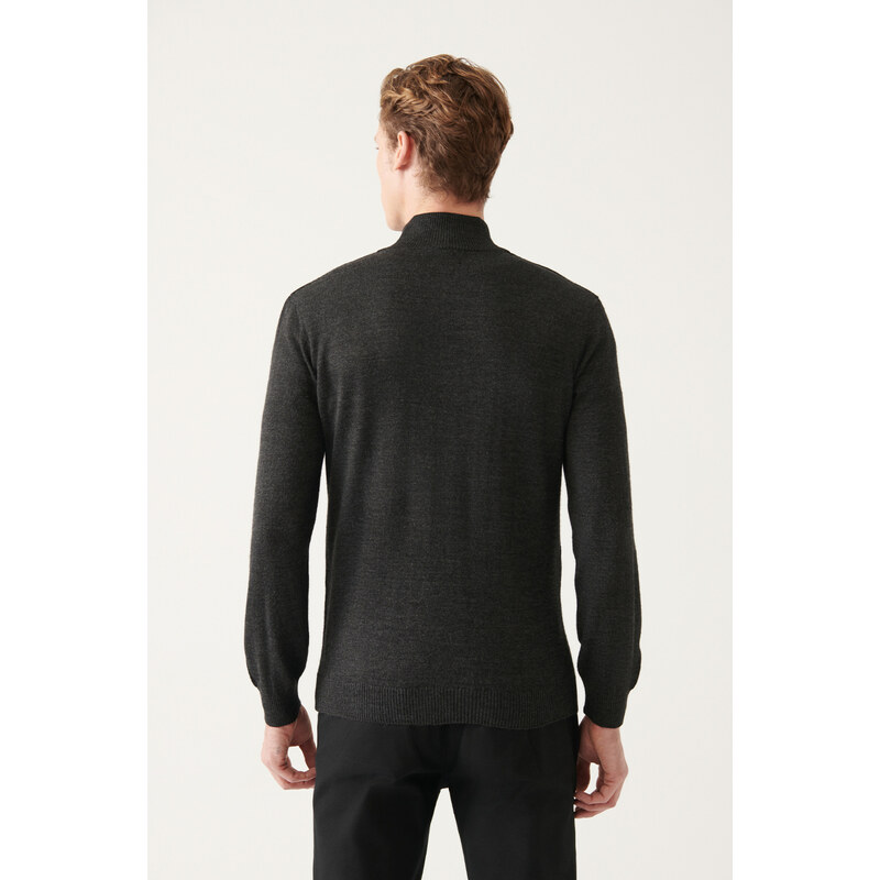 Avva Men's Anthracite Wool Blended Half Zipper High Neck Standard Fit Regular Cut Cardigan