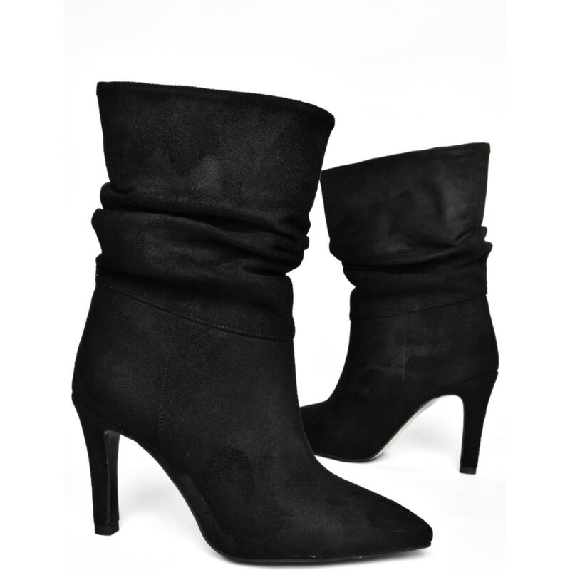 Fox Shoes R404020302 Women's Black Suede Thin Heeled Pleated Boots