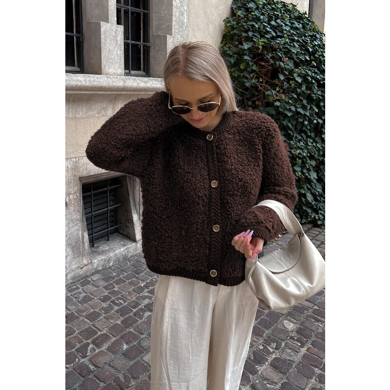 Madmext Brown Buttoned Boucle Knitwear Cardigan