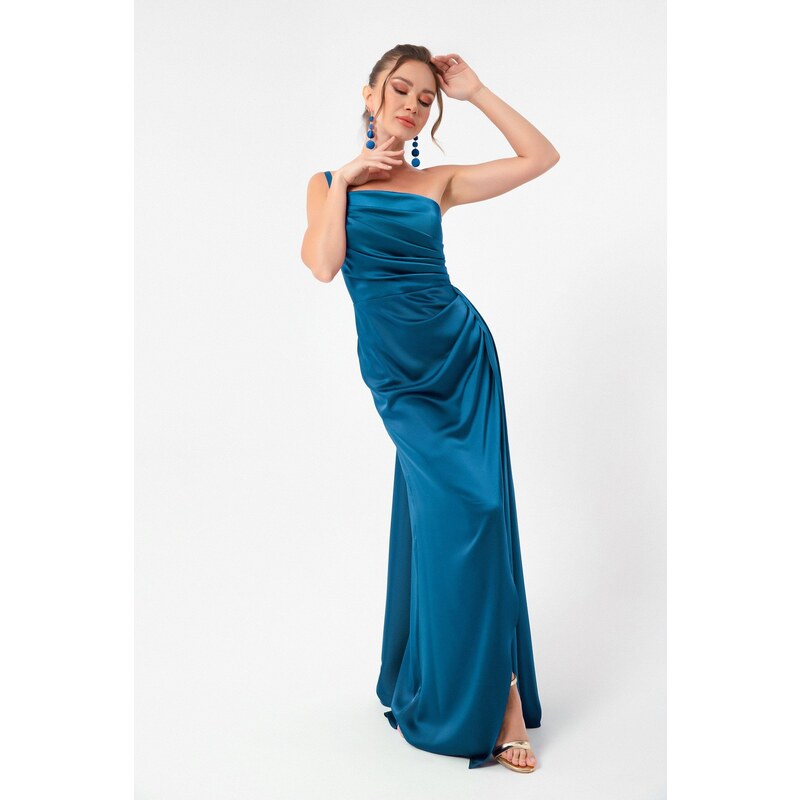 Lafaba Women's Petrol One-Shoulder Satin Evening Dress & Prom Dress