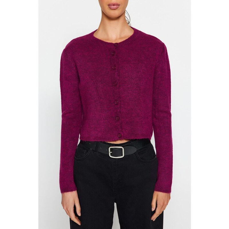 Trendyol Purple Crop Soft Textured Button Detailed Blouse Cardigan Knitwear Suit