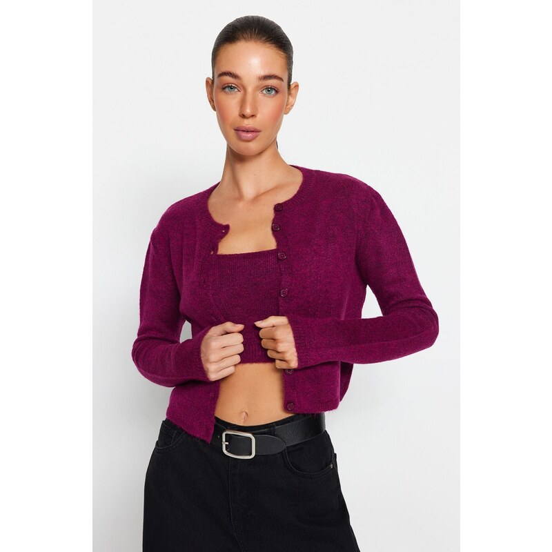 Trendyol Purple Crop Soft Textured Button Detailed Blouse Cardigan Knitwear Suit