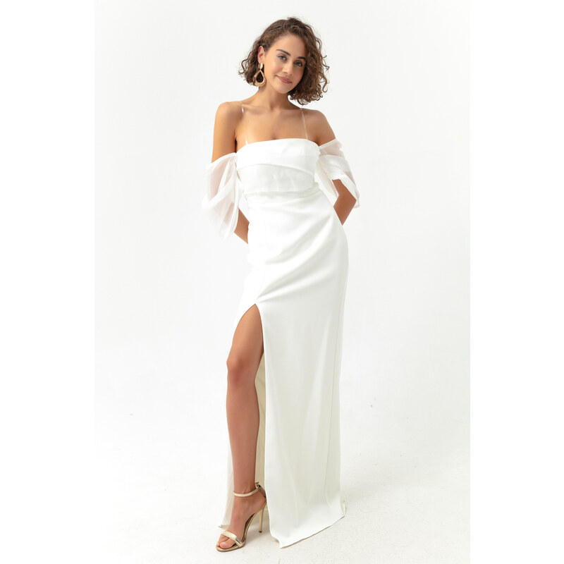 Lafaba Womens White Princess Sleeve Organza Long Evening Dress