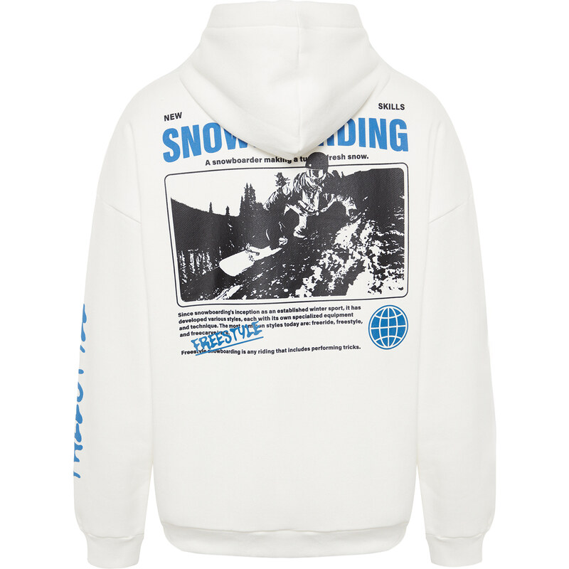 Trendyol Ecru Oversize/Wide-Fit Fluffy Ski Printed Fleece Inner Cotton Sweatshirt