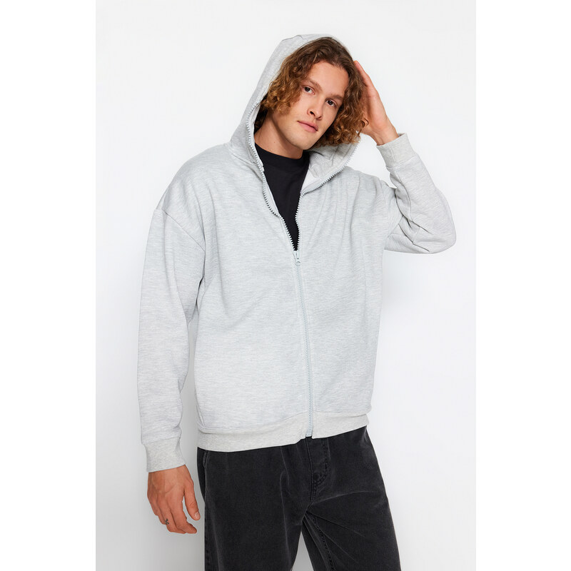 Trendyol Gray Melange Oversize/Wide-Fit Zippered Special Collar Cotton Sweatshirt
