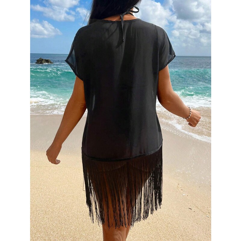 Černé plážové šaty s třásněmi
