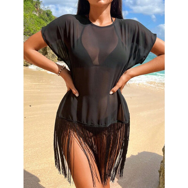 Černé plážové šaty s třásněmi