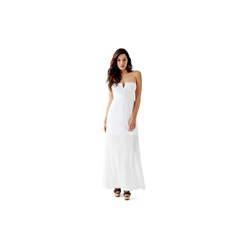 Šaty Guess Strapless Applique Maxi Dress bílé