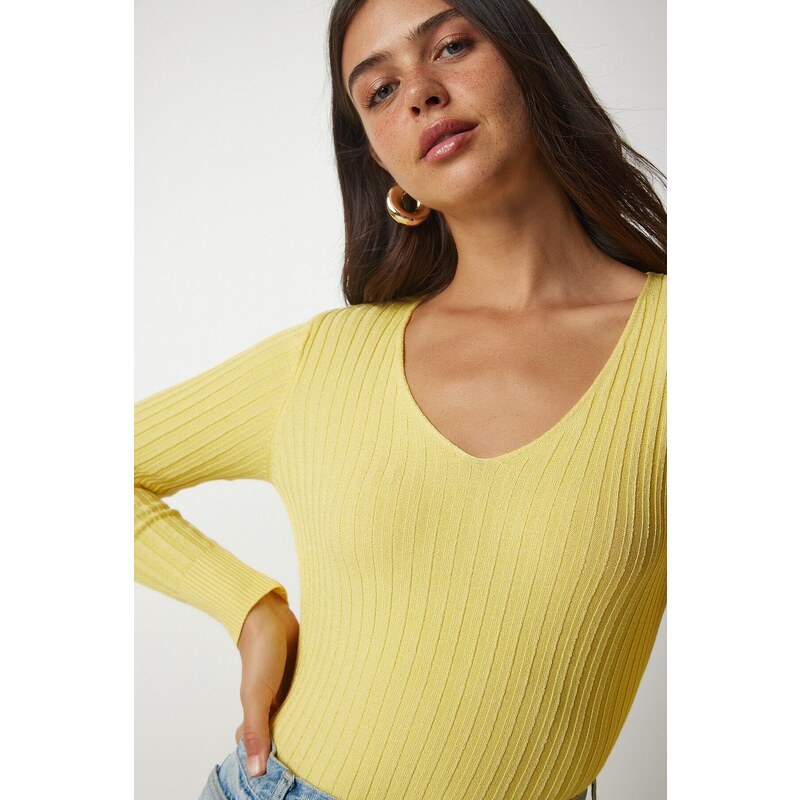 Happiness İstanbul Women's Yellow V-Neck Ribbed Basic Blouse