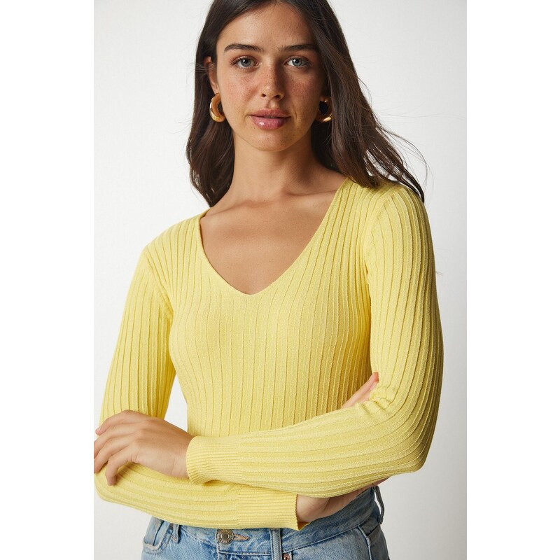 Happiness İstanbul Women's Yellow V-Neck Ribbed Basic Blouse