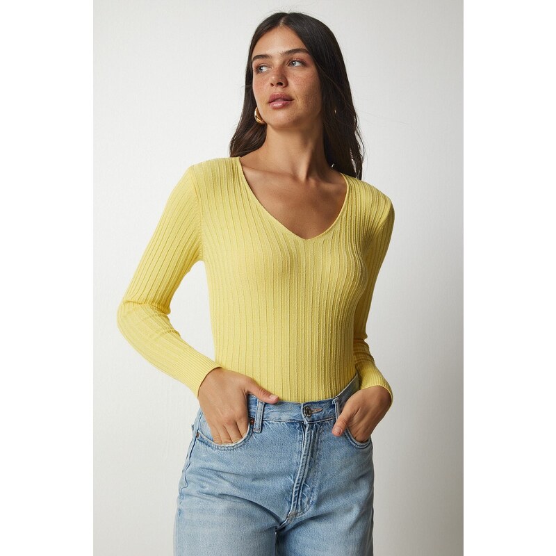 Happiness İstanbul Women's Yellow V-Neck Ribbed Basic Blouse