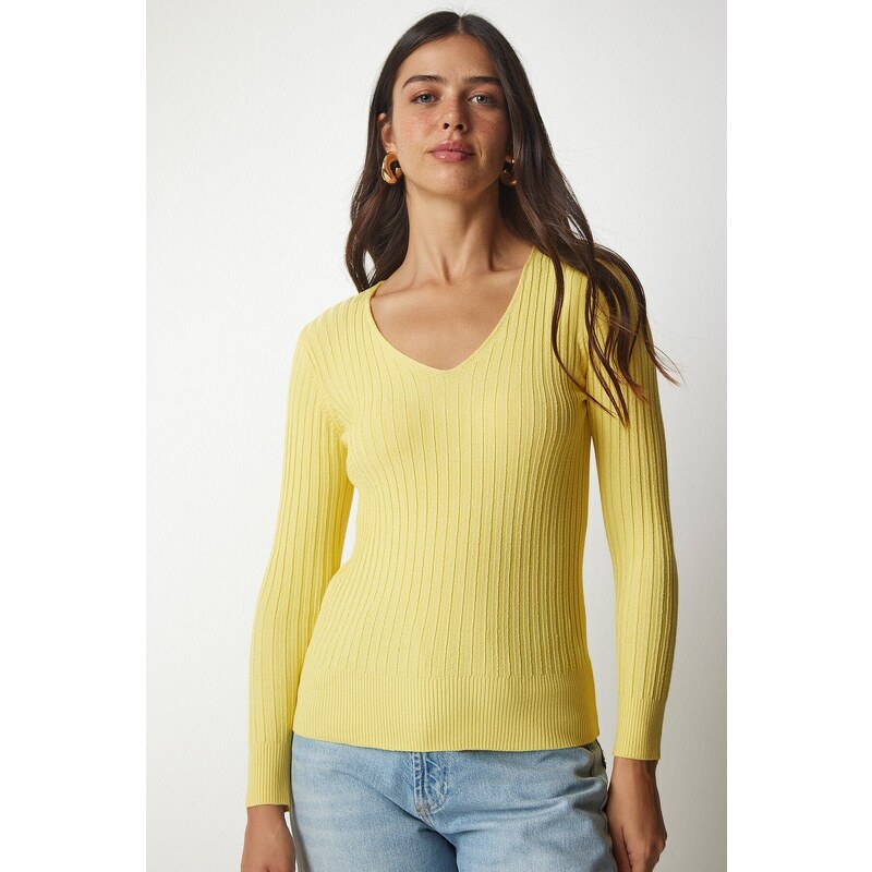 Happiness İstanbul Women's Yellow V-Neck Ribbed Basic Blouse