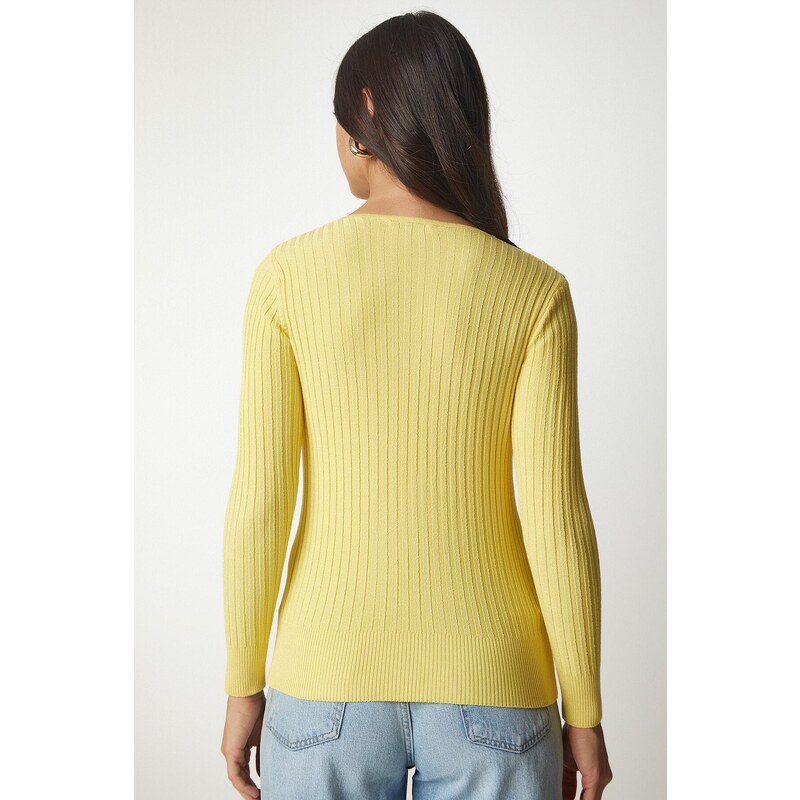 Happiness İstanbul Women's Yellow V-Neck Ribbed Basic Blouse