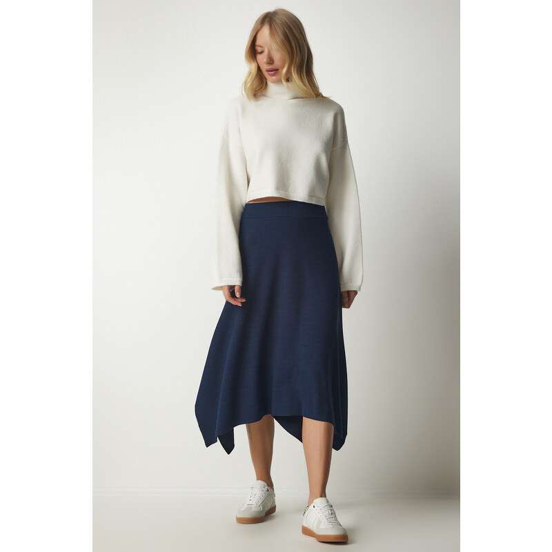 Happiness İstanbul Women's Navy Asymmetrical Cut Ribbed Knitted Skirt