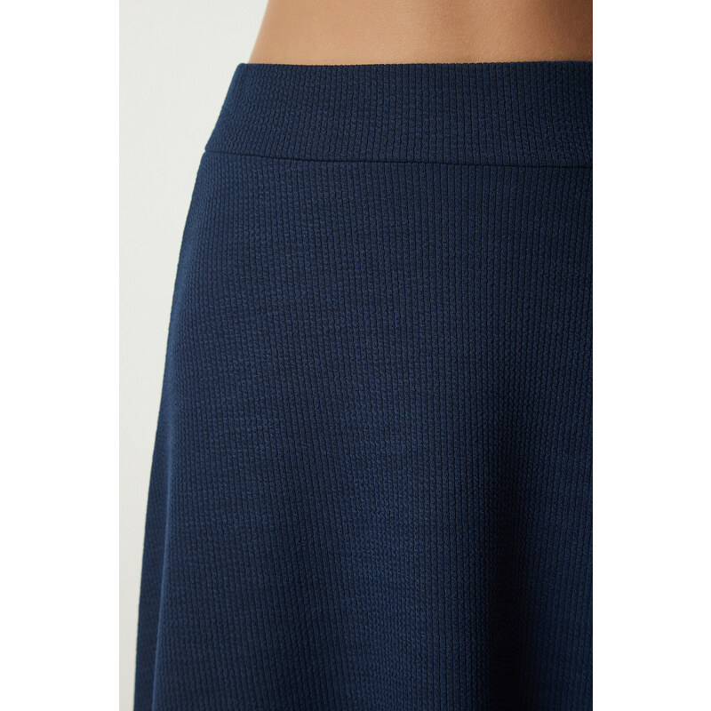 Happiness İstanbul Women's Navy Asymmetrical Cut Ribbed Knitted Skirt