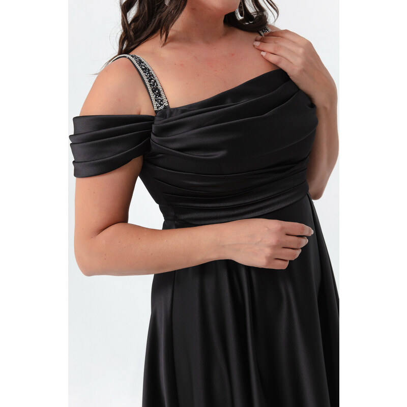 Lafaba Dámské černé kamenné ramínko Přehozené Plus Velikost Dlouhé večerní šaty