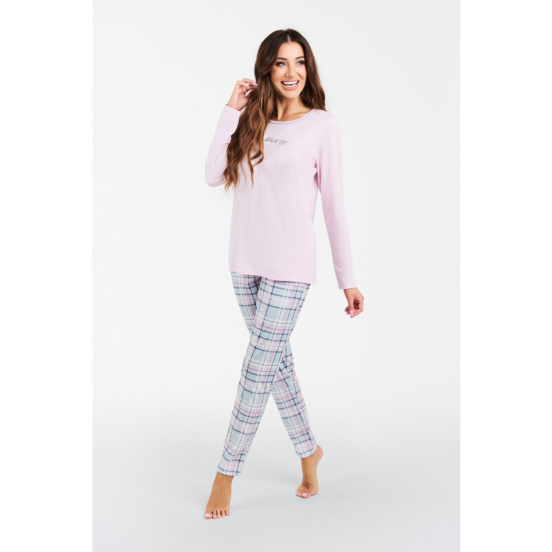 Italian Fashion Glamour dámské pyžamo, dlouhý rukáv, dlouhé kalhoty - růžová/potisk