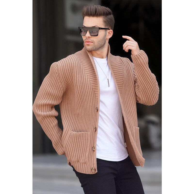 Madmext Camel High Neck Pocket Knitwear Cardigan 6815