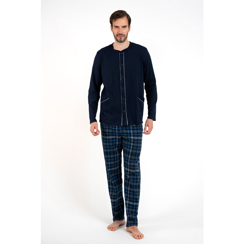 Italian Fashion Pánské pyžamo Jakub, dlouhý rukáv, dlouhé kalhoty - tmavě modrá/potisk