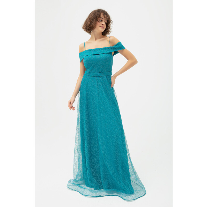 Lafaba Women's Turquoise Boat Neck Silvery Long Evening Dress