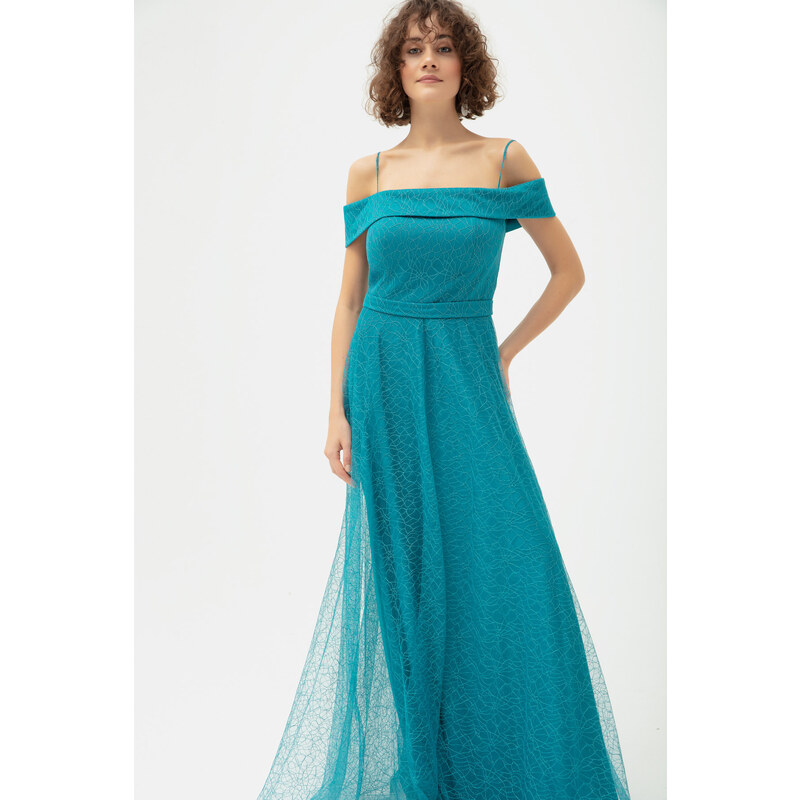 Lafaba Women's Turquoise Boat Neck Silvery Long Evening Dress