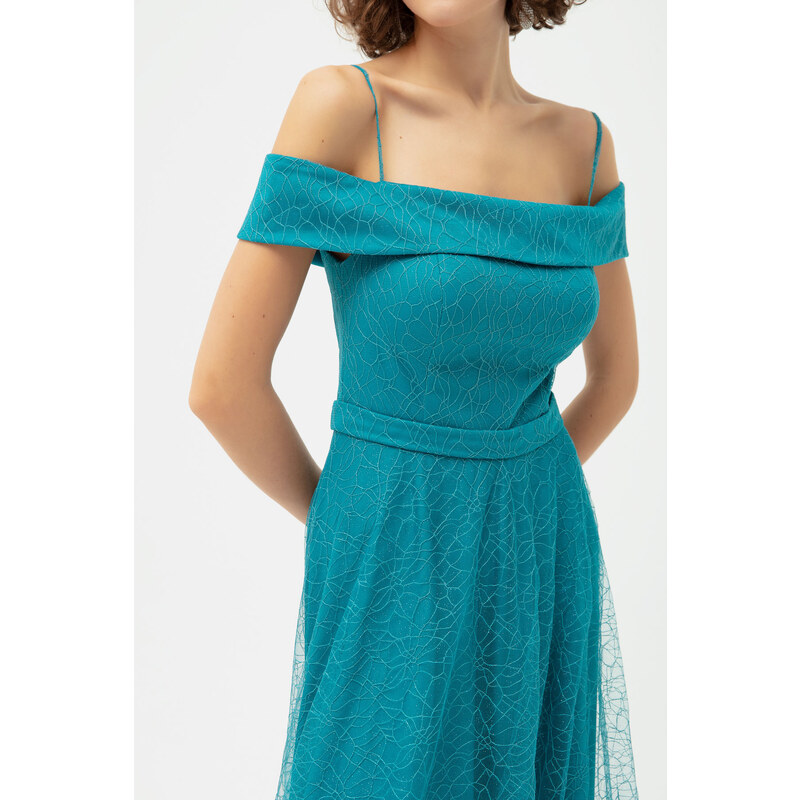 Lafaba Women's Turquoise Boat Neck Silvery Long Evening Dress