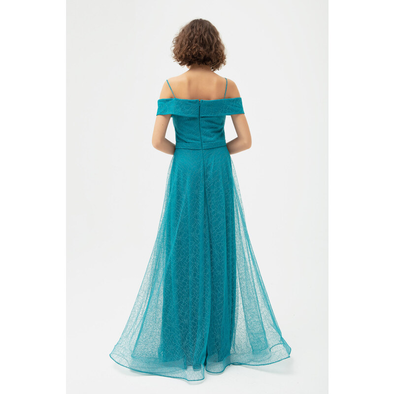 Lafaba Women's Turquoise Boat Neck Silvery Long Evening Dress