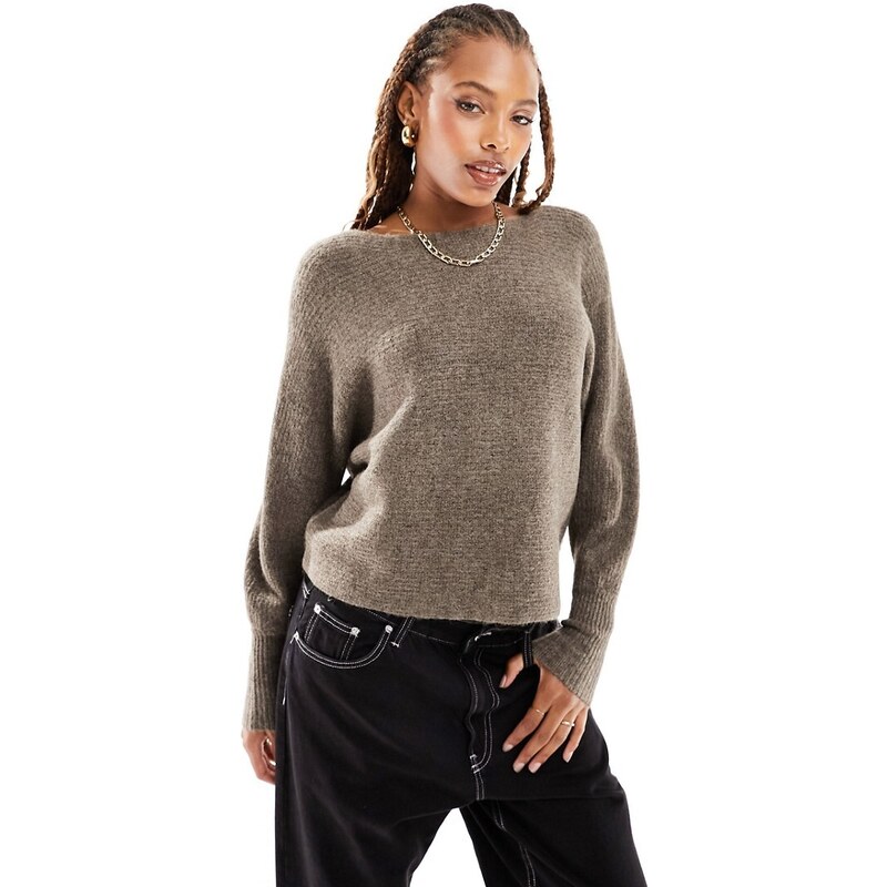 ONLY ribbed wide neck jumper in taupe-Brown