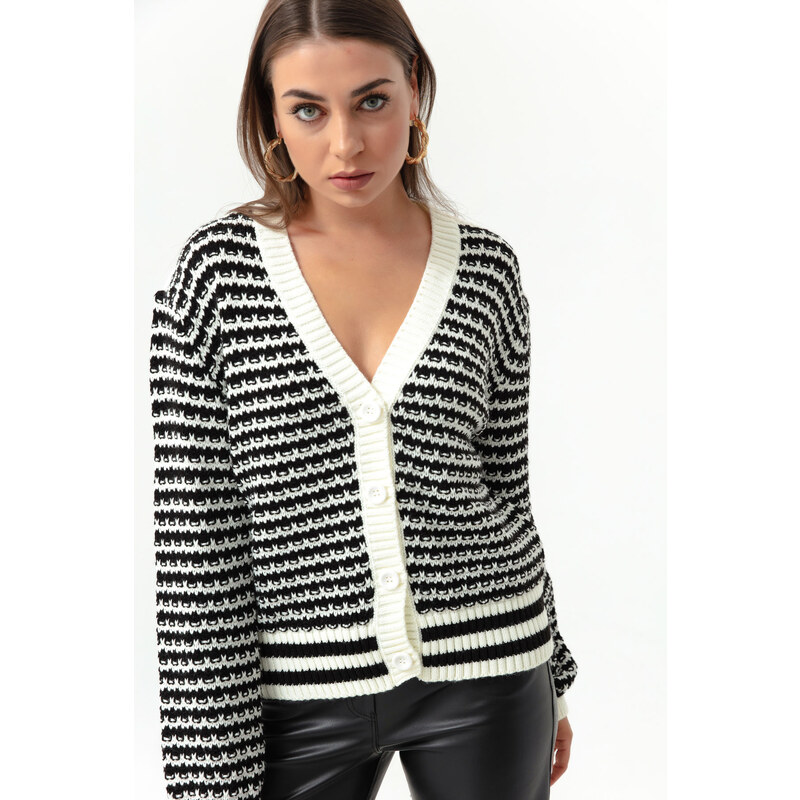 Lafaba Women's Ecru Striped Button Detailed Oversized Knitwear Cardigan