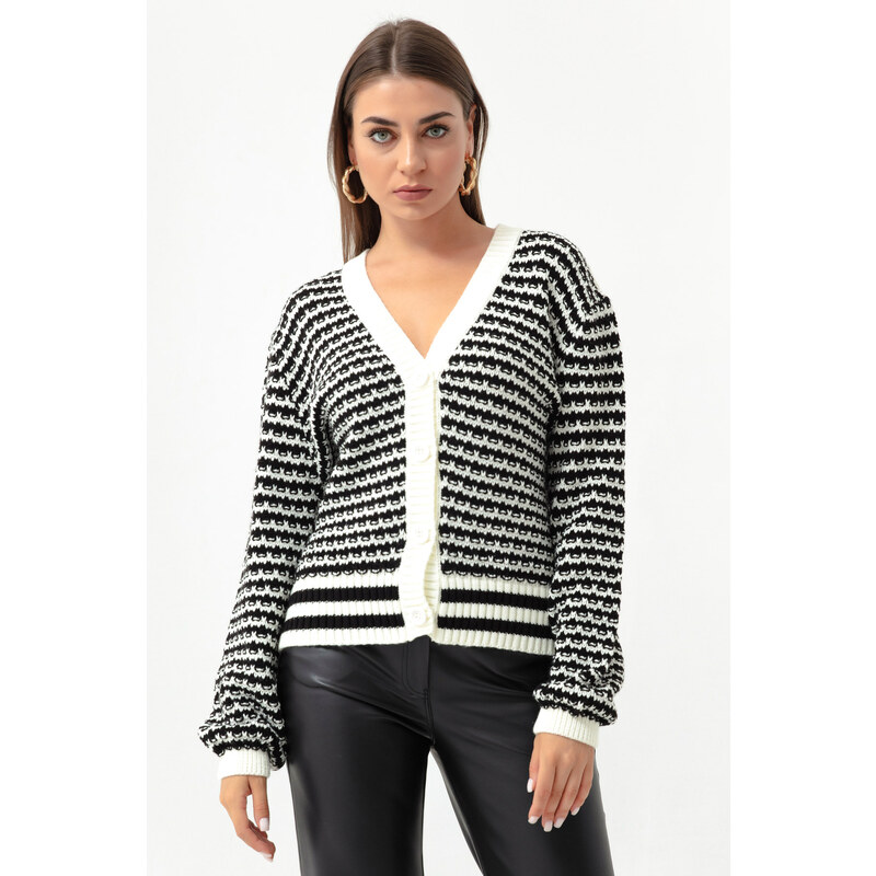 Lafaba Women's Ecru Striped Button Detailed Oversized Knitwear Cardigan