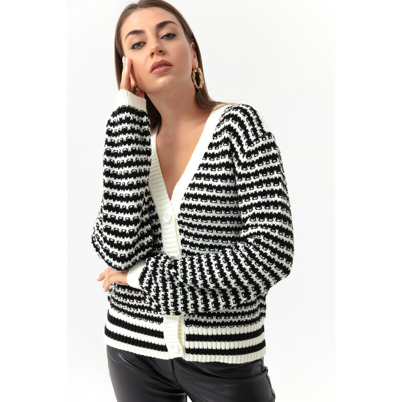 Lafaba Women's Ecru Striped Button Detailed Oversized Knitwear Cardigan