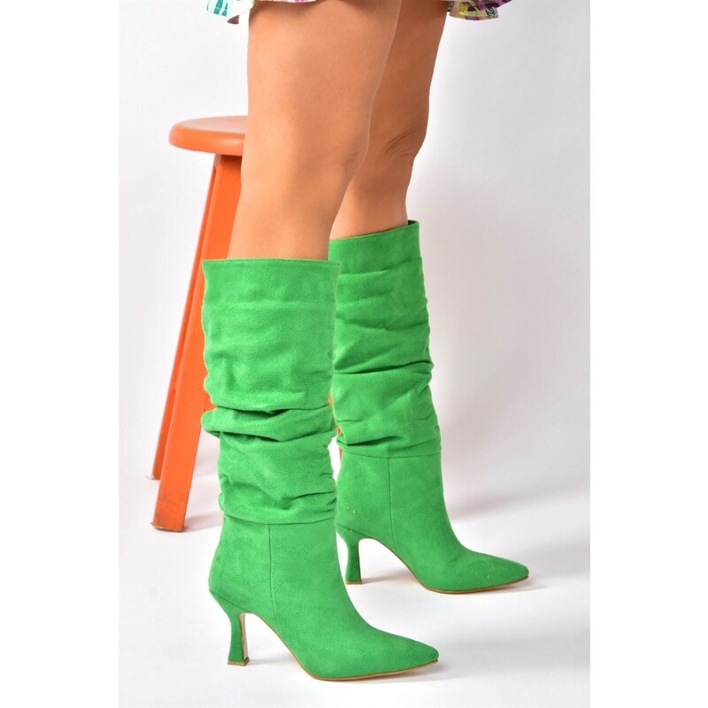 Fox Shoes Green Suede Heeled Smocking Women's Shoes