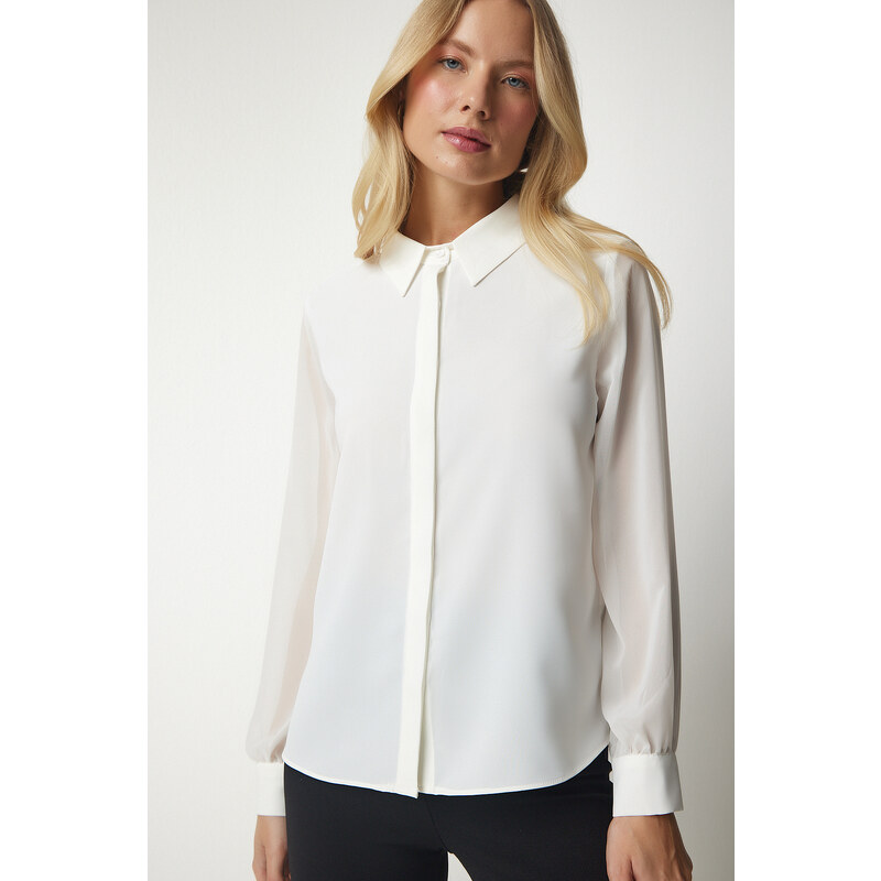 Happiness İstanbul Women's Ecru Chiffon Sleeve Elegant Shirt