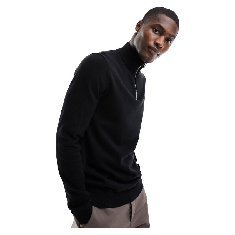 ONLY & SONS knitted half zip jumper in black
