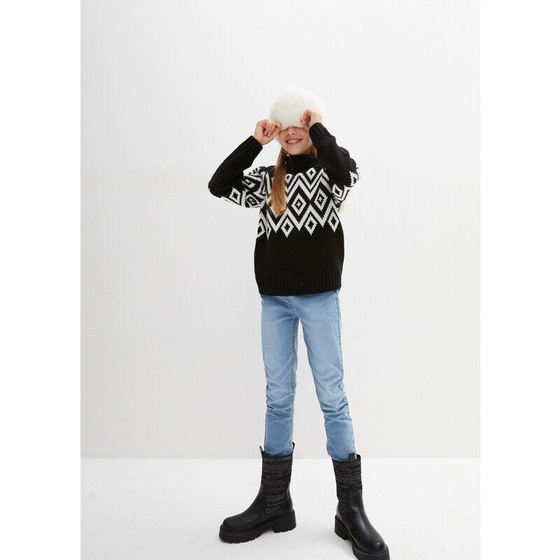 bonprix Dívčí pletený svetr s norským vzorem Černá