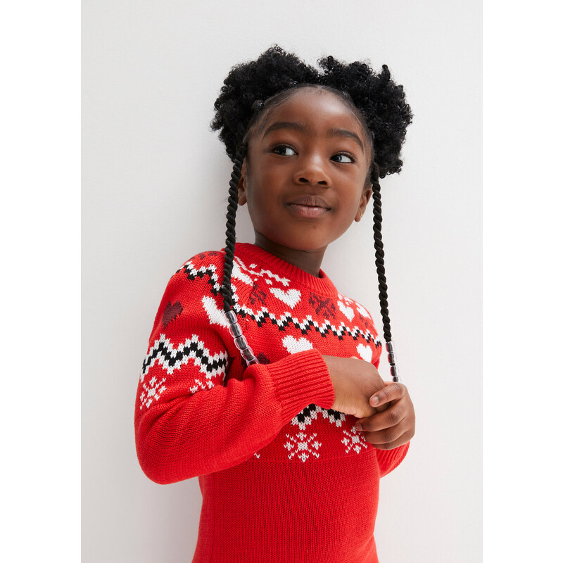 bonprix Dívčí pletené šaty s norským vzorem Červená