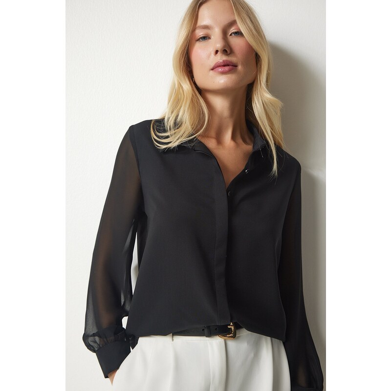 Happiness İstanbul Women's Black Chiffon Sleeve Elegant Shirt