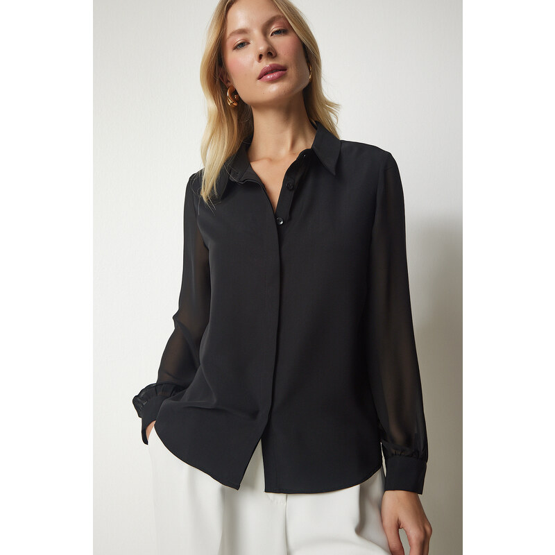 Happiness İstanbul Women's Black Chiffon Sleeve Elegant Shirt