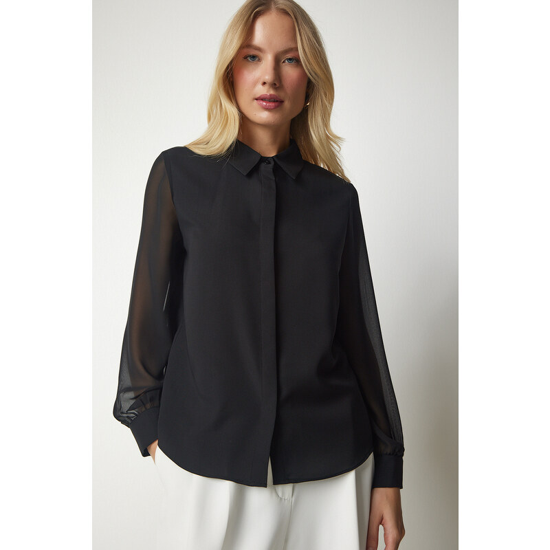 Happiness İstanbul Women's Black Chiffon Sleeve Elegant Shirt