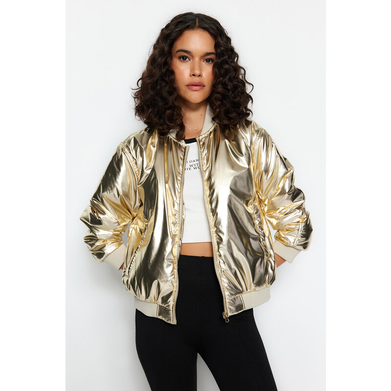 Trendyol Gold Oversize Shiny Bomber vodoodpudivý bundový kabát