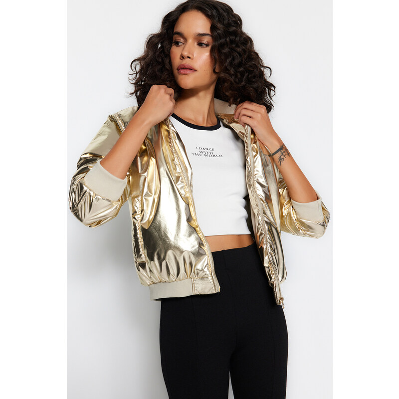 Trendyol Gold Oversize Shiny Bomber vodoodpudivý bundový kabát